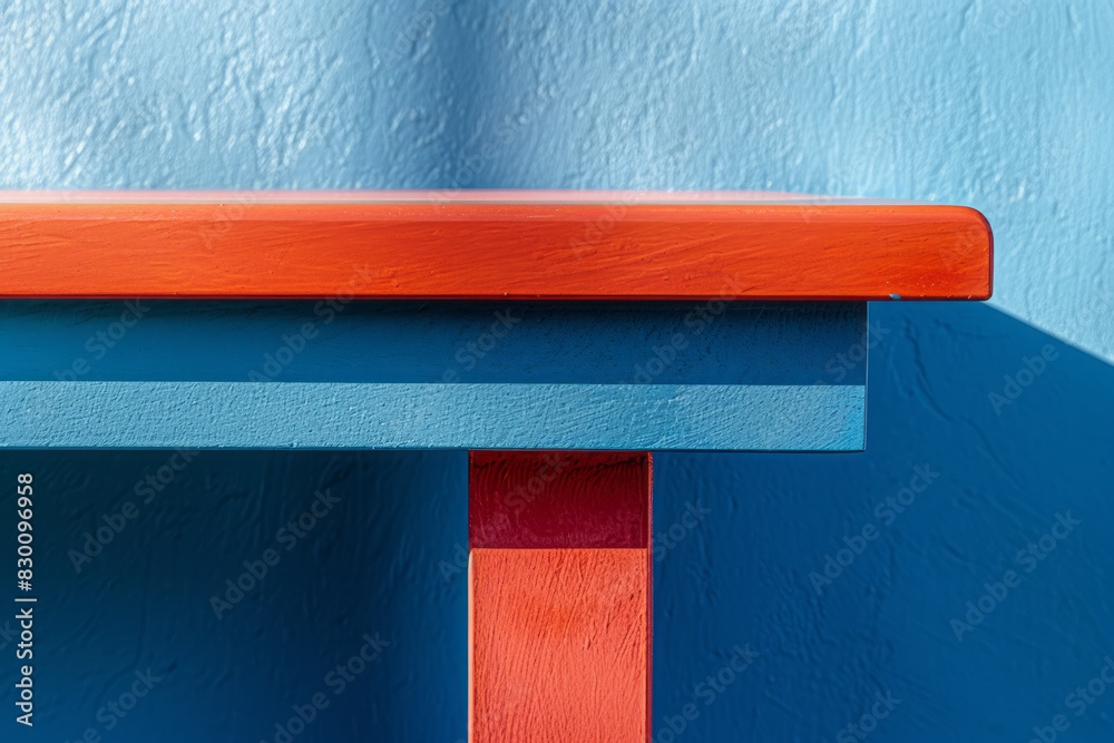Poster Scene featuring a blue table with simple red triangular pockets at the corners and midpoints, emphasizing bold color contrasts,