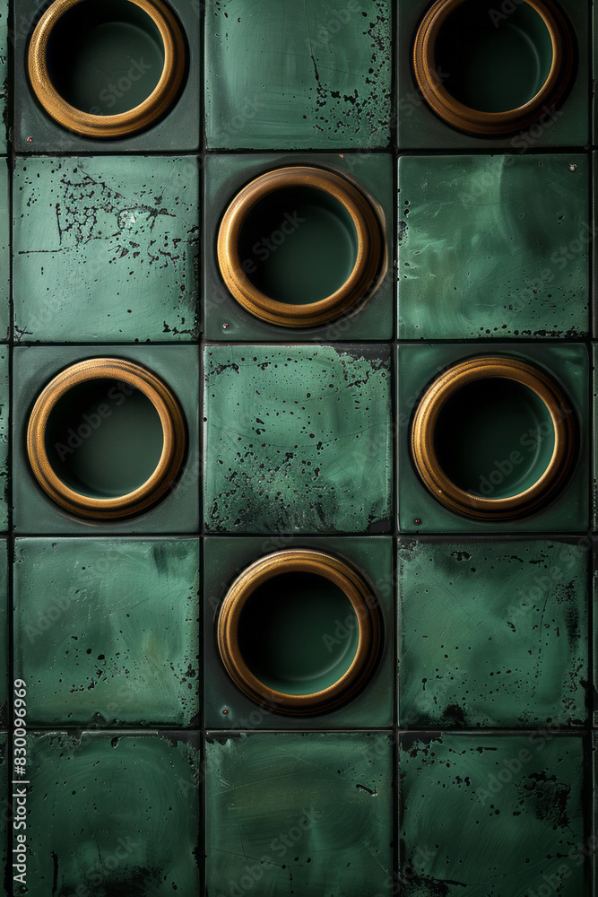 Aufkleber image of a green rectangle with black circular pockets and minimalist outlines, representing a simpl