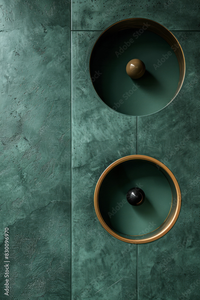 Poster image of a green rectangle with black circular pockets and minimalist outlines, representing a simpl