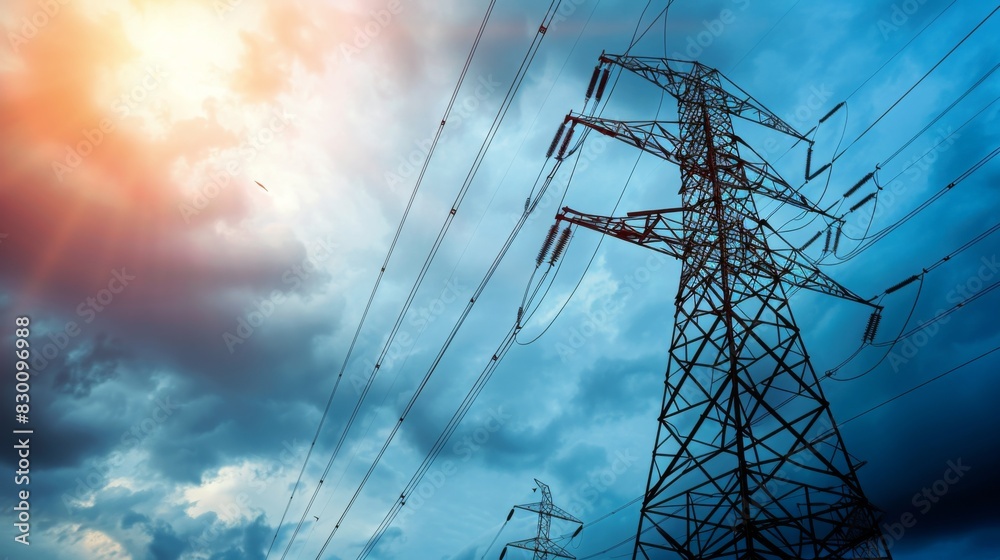 Poster A close-up of power lines crisscrossing against a cloudy sky, illustrating the intricate network of electricity distribution infrastructure.