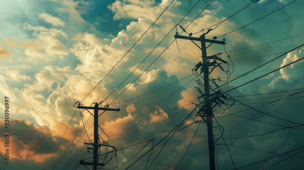 Poster a close-up of power lines crisscrossing against a cloudy sky, illustrating the intricate network of 