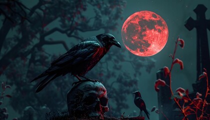 Crow on Skull in Cemetery with Bloody Moon  Halloween Horror Scene