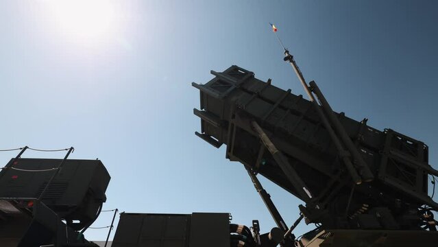Wide angle 4K video with a surface-to-air missile military battary weapon used to defend against air attacks. Military industry in Romania, part of NATO.