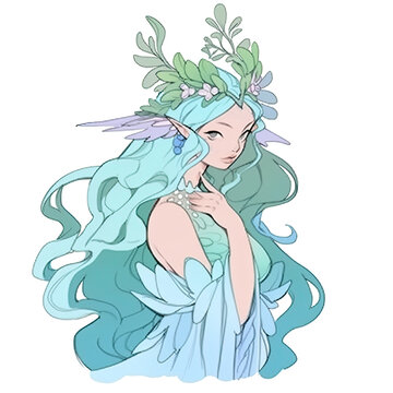An illustration of an undine with aqua-colored hair