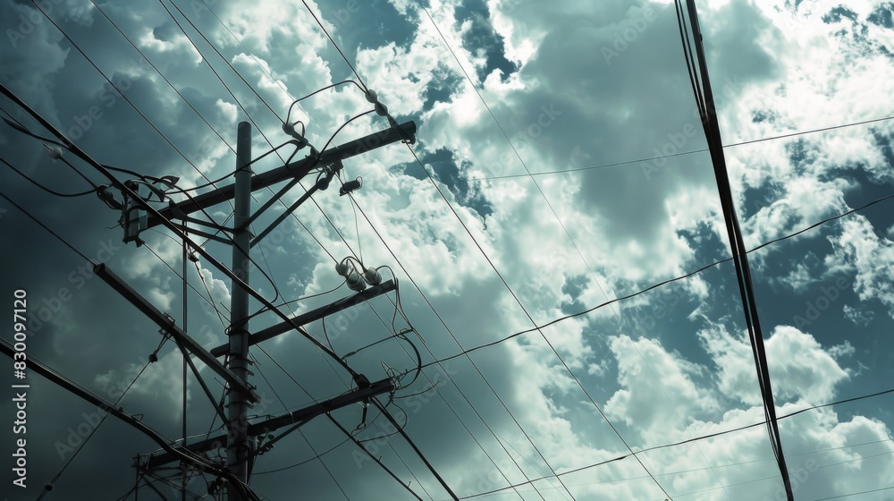 Poster a close-up of power lines crisscrossing against a cloudy sky, illustrating the intricate network of 
