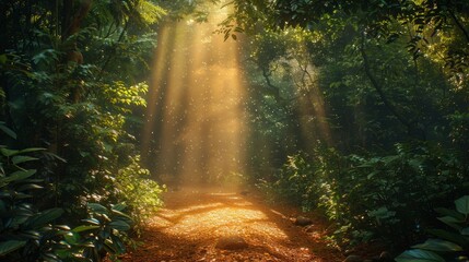 Obraz premium A serene nature path winds through a dense forest, dappled sunlight filtering through the lush canopy overhead, creating a peaceful haven for your next walk