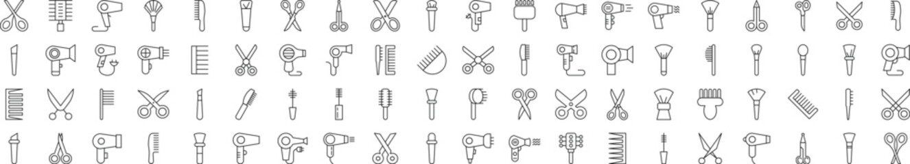 Collection of Line Icons of Hairbrush, Hairdryer, Cosmetic Brush, Scissors. Suitable for books, stores, shops. Editable stroke in minimalistic outline style. Symbol for design