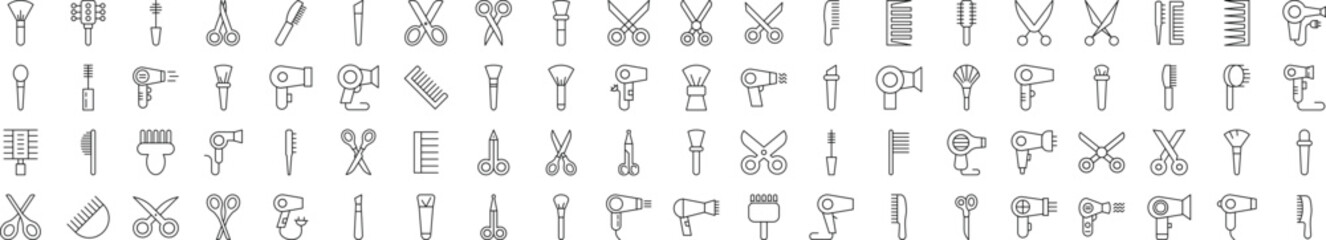 Collection of icons of Hairbrush, Hairdryer, Cosmetic Brush, Scissors for Advertisement. Suitable for books, stores, shops. Editable stroke in minimalistic outline style. Symbol for design