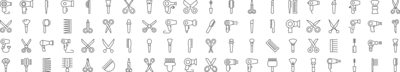 Collection of Signs of Hairbrush, Hairdryer, Cosmetic Brush, Scissors. Suitable for books, stores, shops. Editable stroke in minimalistic outline style. Symbol for design