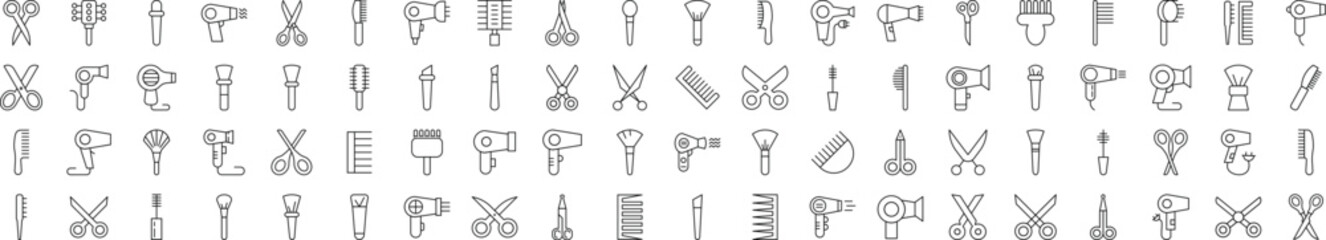 Collection of Icons of Hairbrush, Hairdryer, Cosmetic Brush, Scissors for Shops and Stores. Suitable for books, stores, shops. Editable stroke in minimalistic outline style. Symbol for design