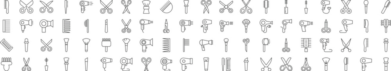 Signs of Hairbrush, Hairdryer, Cosmetic Brush, Scissors for Shops and Stores. Suitable for books, stores, shops. Editable stroke in minimalistic outline style. Symbol for design