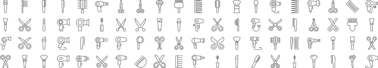 Outline Signs of Hairbrush, Hairdryer, Cosmetic Brush, Scissors for Adverts. Suitable for books, stores, shops. Editable stroke in minimalistic outline style. Symbol for design
