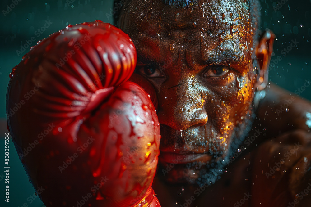 Poster image of a boxer figure delivering a powerful punch, with the glove and opponent's face highlighted 