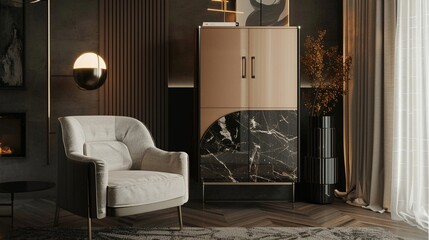 Elegant living room with a vintage armchair and rustic wooden cabinet muted tones cozy and welcoming atmosphere