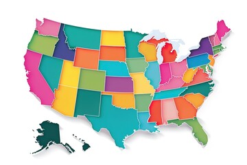 A colorful map of the United States with each state colored different