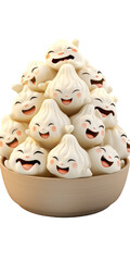 A joyful pile of cute, smiling dumplings in a wooden bowl, each with its own unique expression, set against a plain white background.
