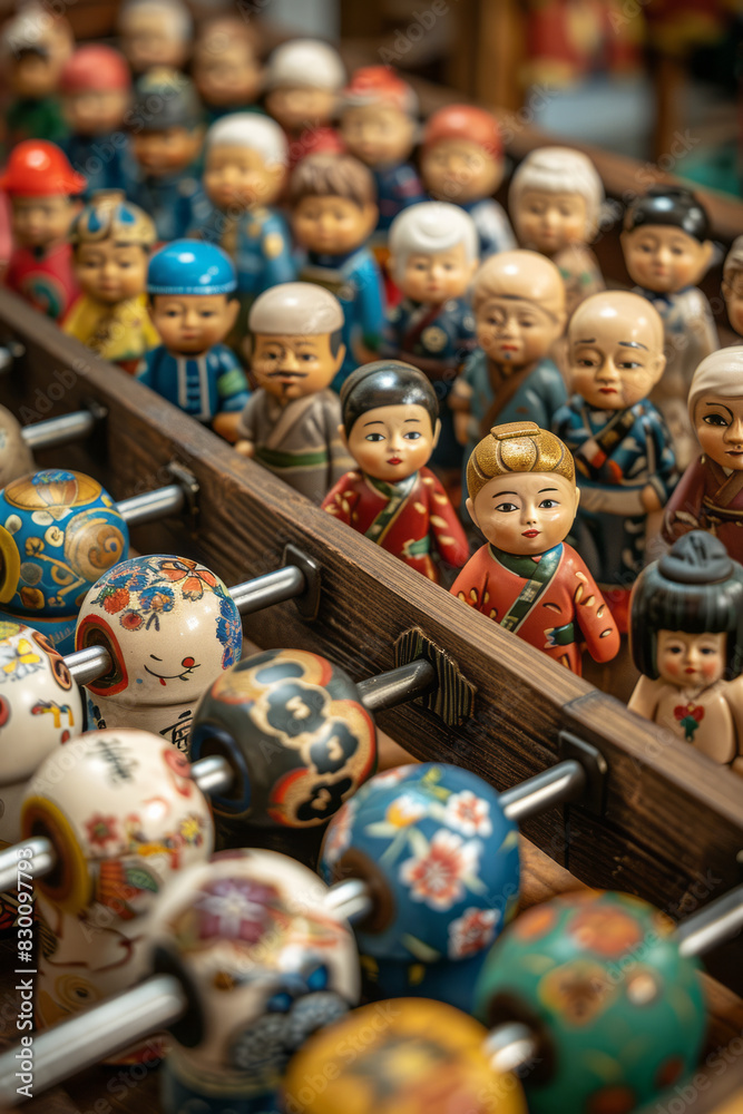 Aufkleber image of a foosball table where each player is a unique, hand-painted figurine, representing differe