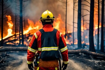 Firefighter confronts fire. Fireman battling the forest blaze. Fireproof clothing, protective equipment. Firefighter searches for possible survivors. Natural disaster, natural calamity, cataclysm.