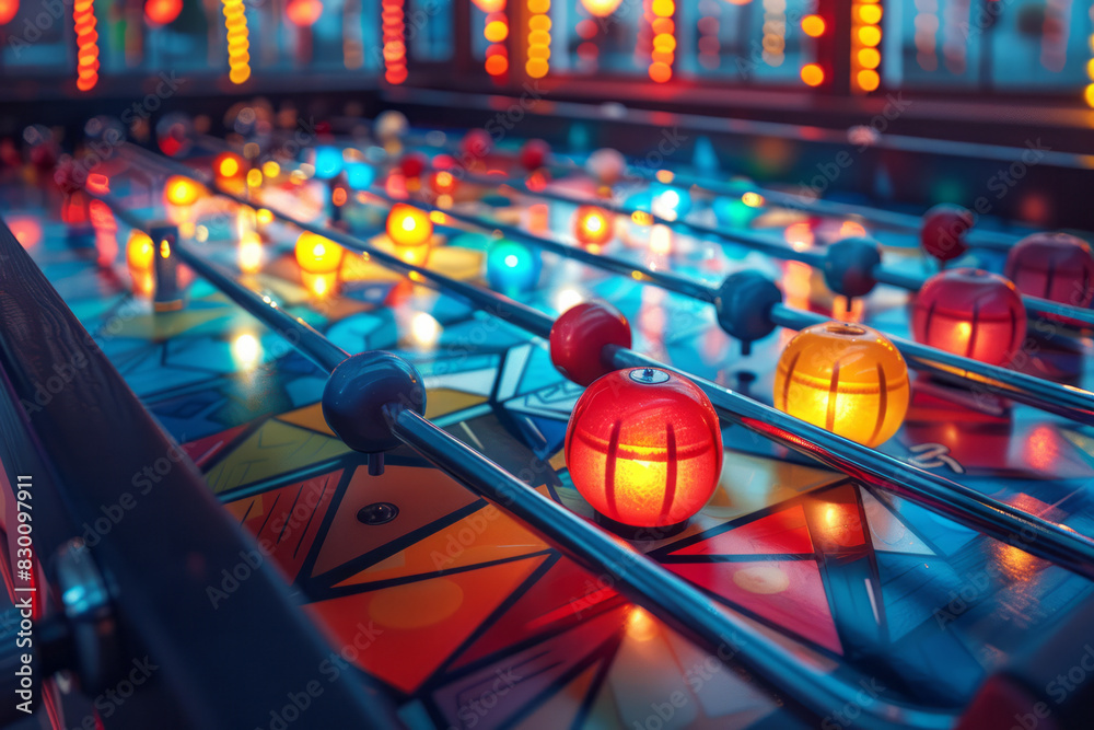 Poster Scene of a foosball table with an abstract geometric pattern on the playing field, creating a visually striking piece,