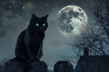 Mysterious black cat with glowing green eyes sitting on a fence under a full moon. Halloween theme.