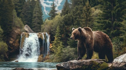 Grizzly Bear by Waterfall in Forest - ai generative