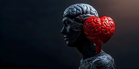 Figure of Man with Brain and Red Heart Symbolizing Mind and Emotion, Human Anatomy Illustration Brain and Red Heart Concept