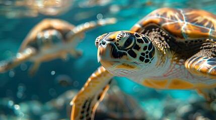 Sea Turtle Swimming Underwater in Clear Ocean - ai generative