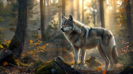 Obraz premium Majestic Wolf in Autumn Forest - ai generative