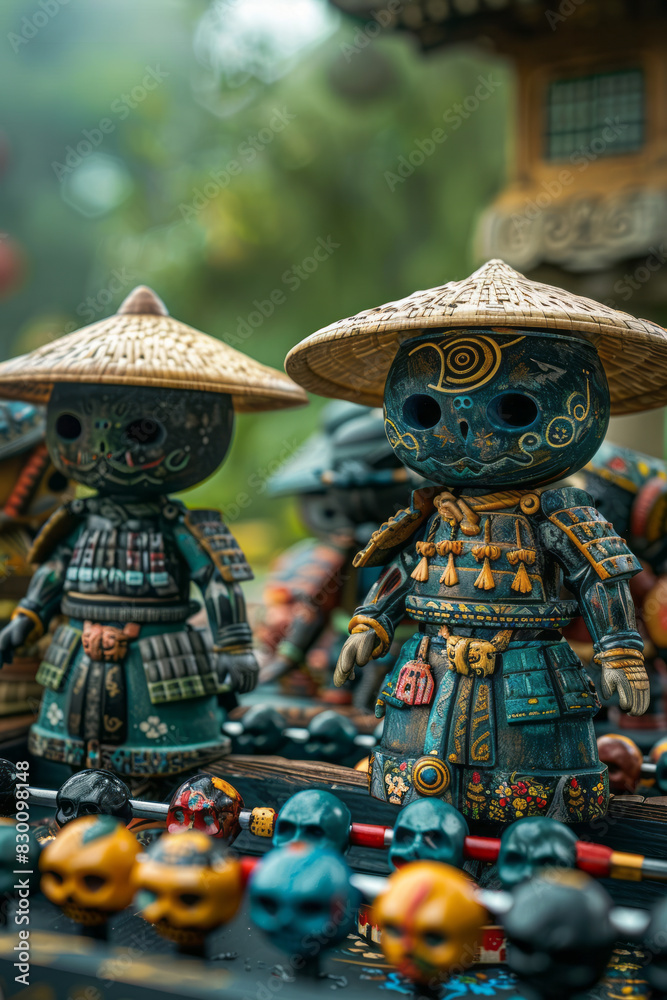 Poster illustration of foosball player figures in peruvian ponchos and hats facing off against figures in j