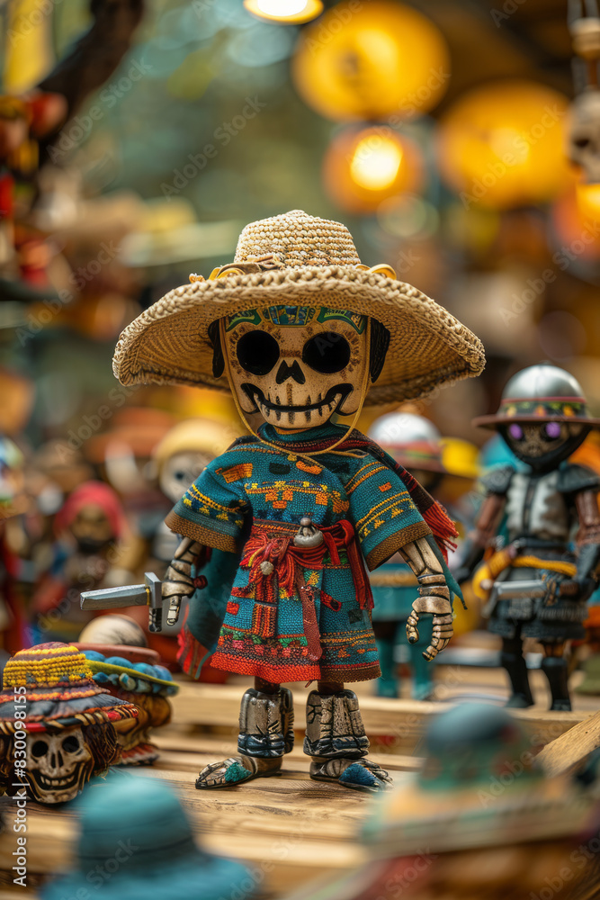 Poster illustration of foosball player figures in peruvian ponchos and hats facing off against figures in j