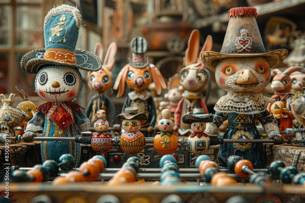 Poster artistic rendering of a foosball game with figures in russian nesting doll costumes competing agains