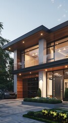 Fototapeta premium a newly-built home exuding luxury, boasting modern aesthetics, ample space, and the convenience of a two-car garage.