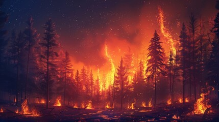 Intense forest fire engulfing trees in a dramatic blaze with dark smoke and embers in a catastrophic environmental disaster. Generative Ai