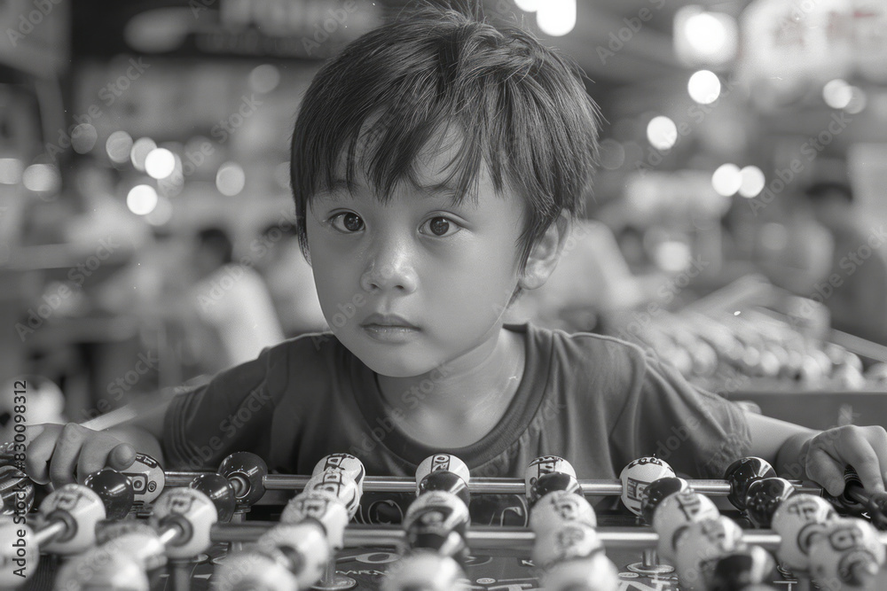 Poster scene of a child intensely concentrating while twisting the foosball rod, determined to score a goal