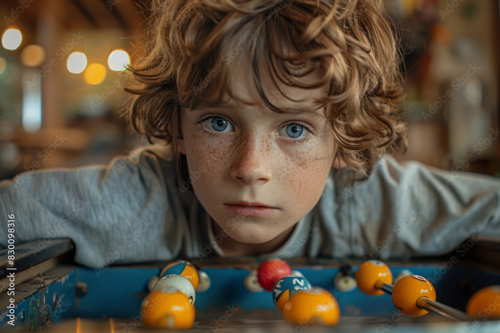 Poster scene of a child intensely concentrating while twisting the foosball rod, determined to score a goal