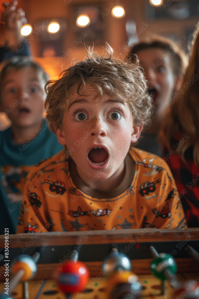 Poster artistic rendering of a child making a dramatic save in foosball, with their friends reacting in ama