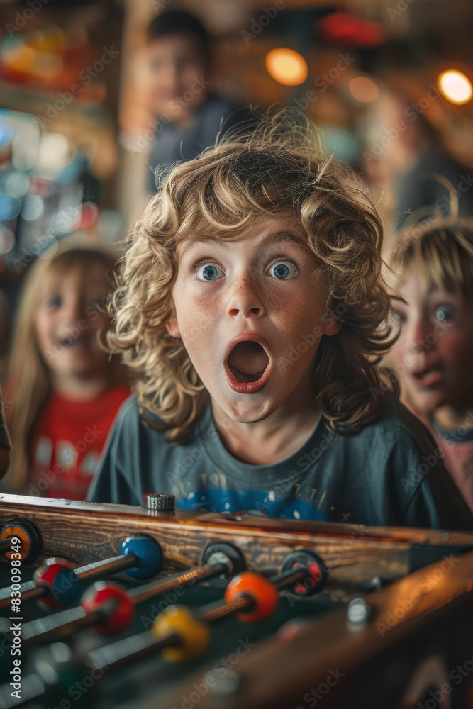 Poster artistic rendering of a child making a dramatic save in foosball, with their friends reacting in ama