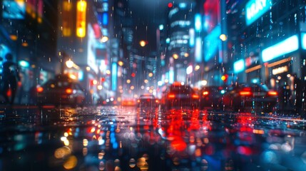 Vibrant city nightlife with blurred lights and reflections on wet streets creating a dynamic and colorful urban atmosphere in the rain. Generative Ai