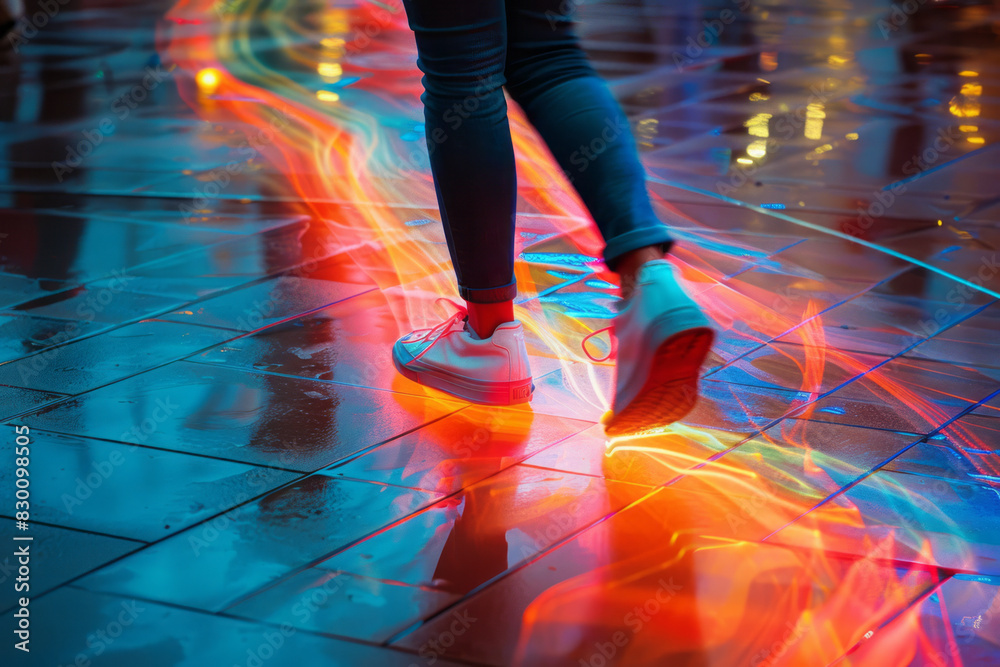 Poster artistic depiction of a playerâ€™s fast footwork on a dance machine, with colorful streaks showing t