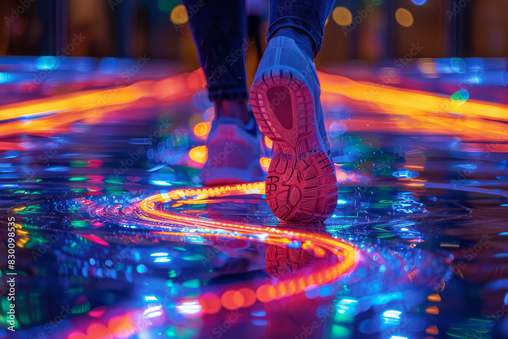 Poster Artistic depiction of a playerâ€™s fast footwork on a dance machine, with colorful streaks showing the path of their steps,