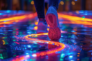 Artistic depiction of a playerâ€™s fast footwork on a dance machine, with colorful streaks showing the path of their steps,
