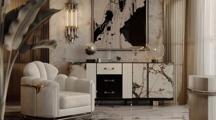 Modern room with a luxurious armchair and elegant sideboard neutral color scheme soft lighting inviting ambiance