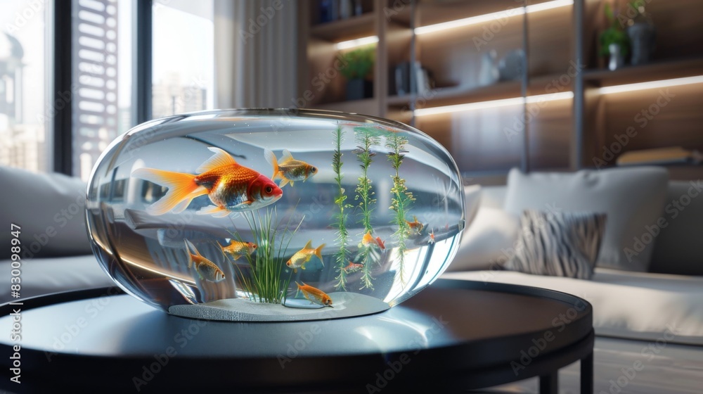Canvas Prints A decorative tabletop goldfish tank adding a touch of elegance to a modern living space, with sleek design and vibrant aquatic life. - Canvas Prints