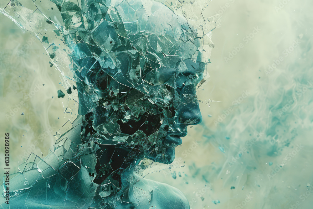 Aufkleber illustration of a human body fracturing into geometric shapes, each piece dissolving into fluid patt