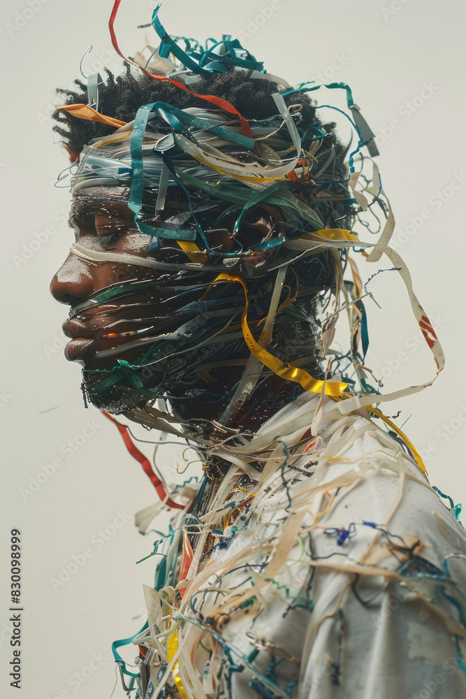 Poster Artistic rendering of a human figure with their torso unraveling into ribbons of liquid, intertwining with abstract, flowing patterns,