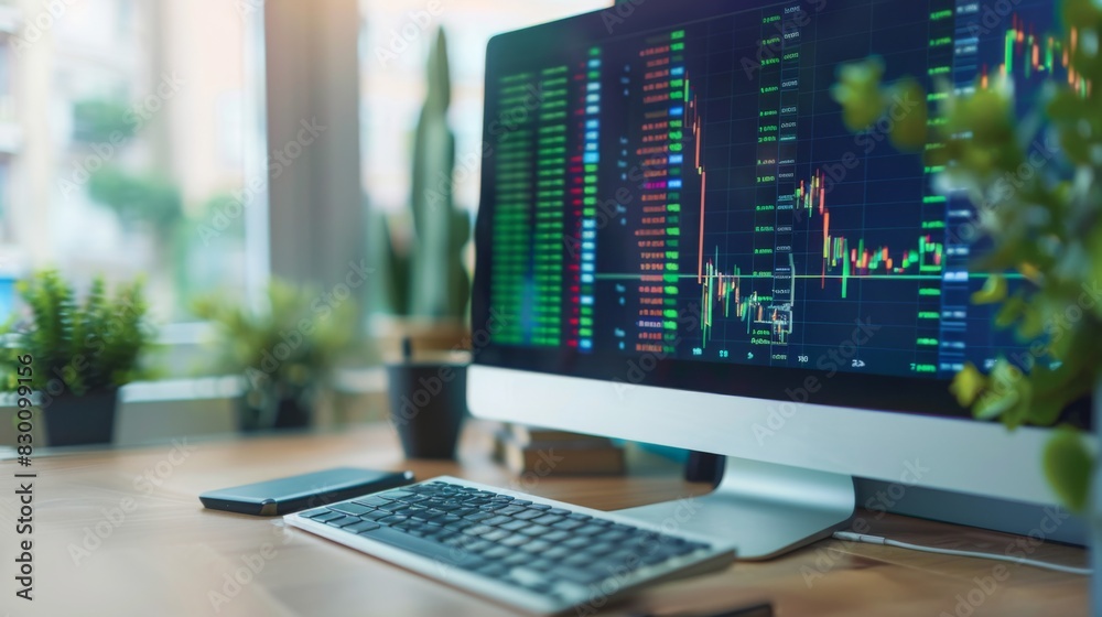 Poster a desktop computer screen displaying stock market indices and price graphs, reflecting market sentim