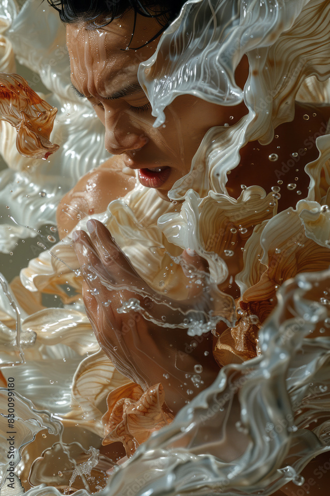 Poster Artistic rendering of a human figure with their torso unraveling into ribbons of liquid, intertwining with abstract, flowing patterns,