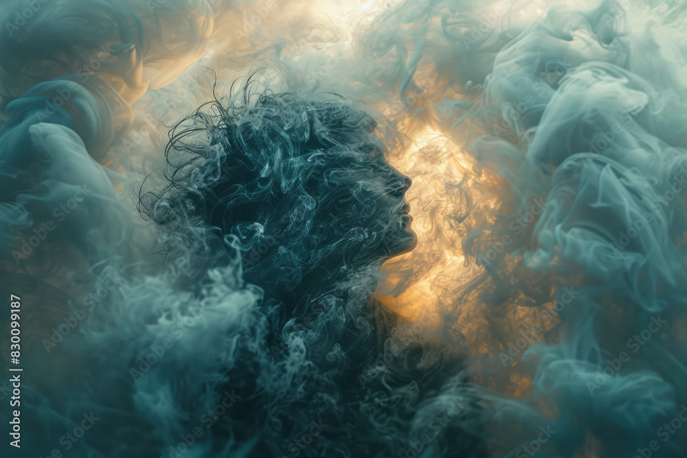 Poster Scene of a human silhouette disintegrating into a cloud of mist, with swirling patterns representing the dispersion,