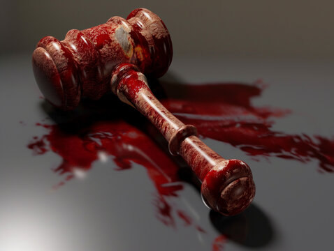 Criminal justice system concept with gavel covered in blood