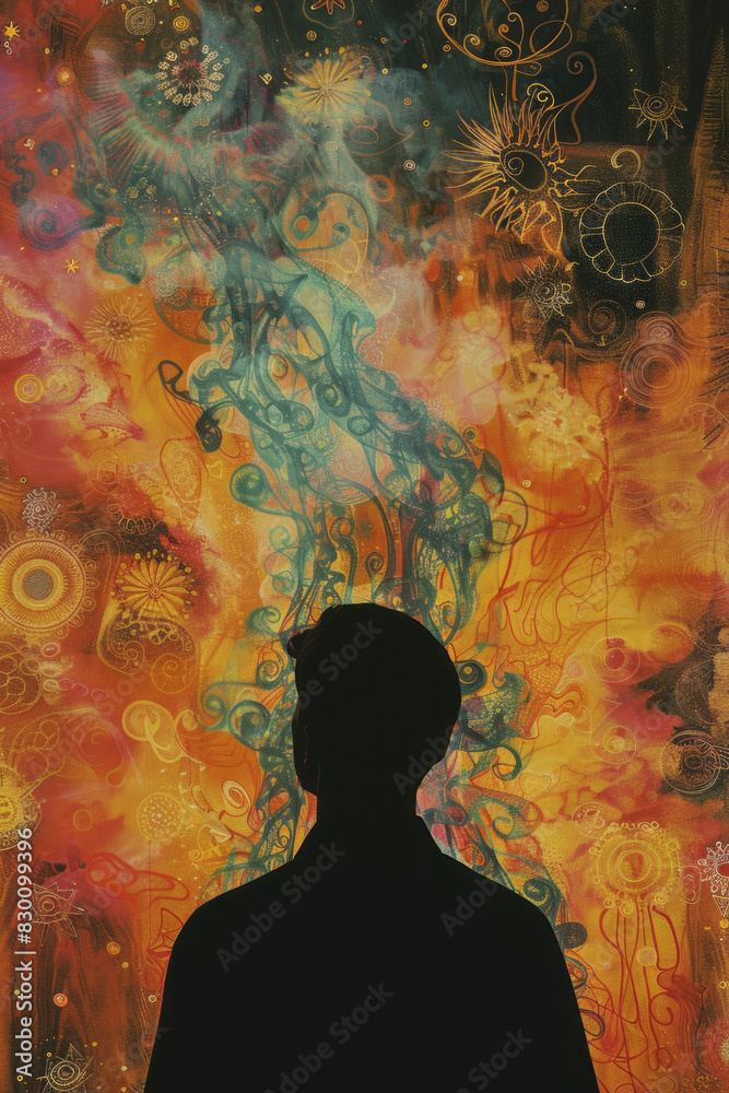 Poster scene showing a human silhouette with parts of their body evaporating into a vapor, with intricate p